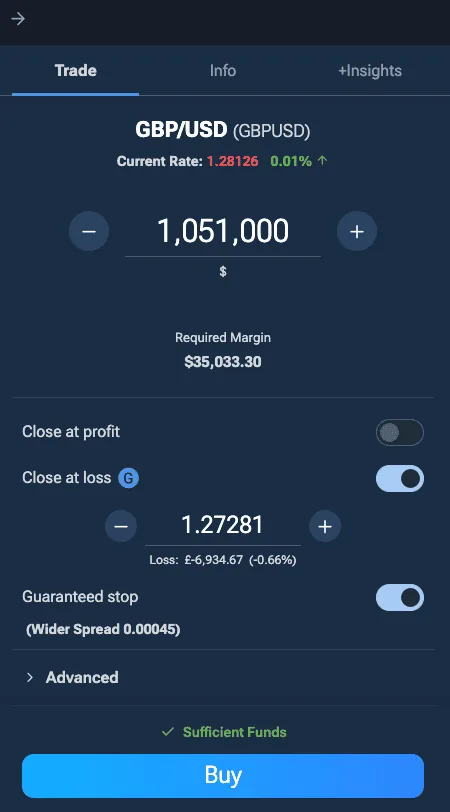 Plus500 order ticket with the guaranteed stop toggle switched on for a GBP/USD buy order