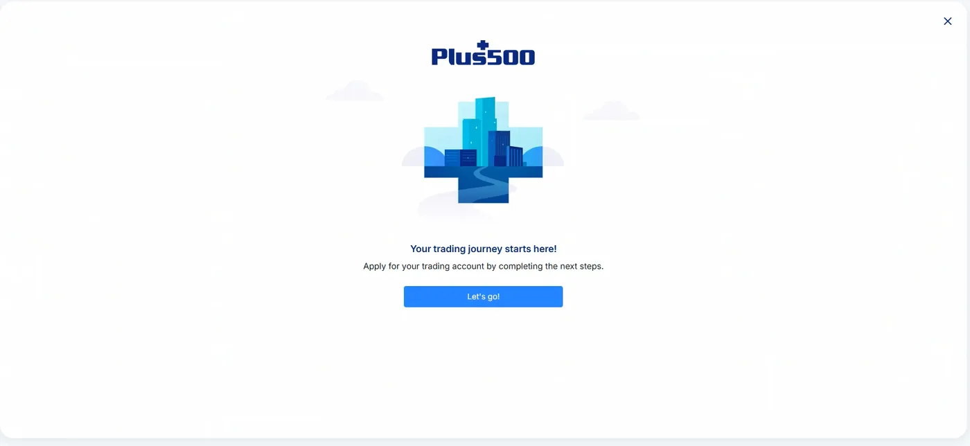 Plus500 platform showing a trading journey application card with a Let's go button and header figures of AU$0.00 across Available, Equity, Margin and Profit/Loss.
