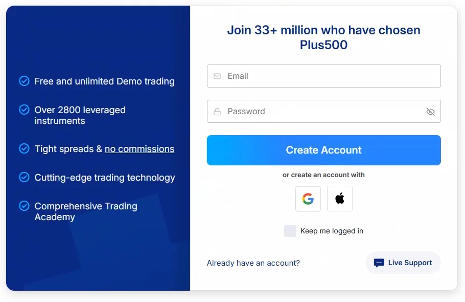 Plus500 registration card with empty email and password fields, Create Account button, Google and Apple options, and a side panel listing demo trading and over 2800 instruments.