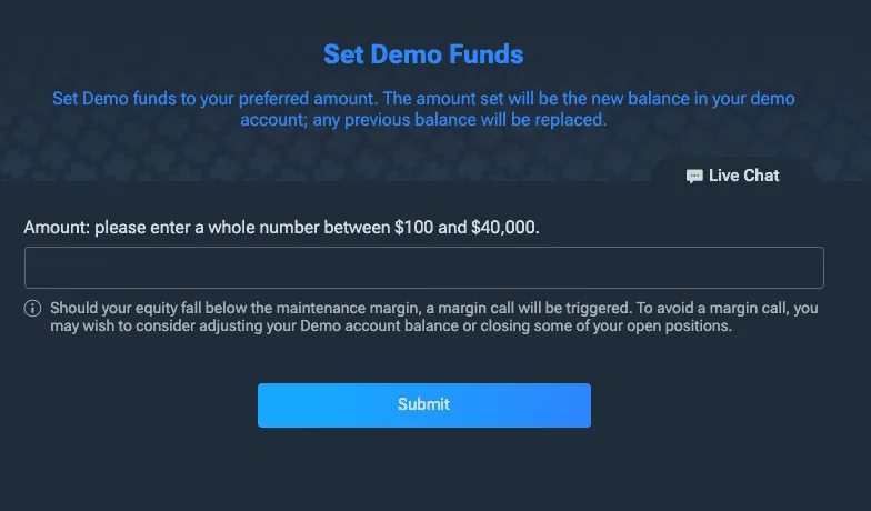 Plus500 set demo funds screen for resetting the practice account balance