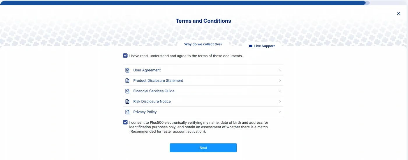 Terms and Conditions step with a ticked agreement box above five documents and a second ticked consent box for electronic verification of identity details.