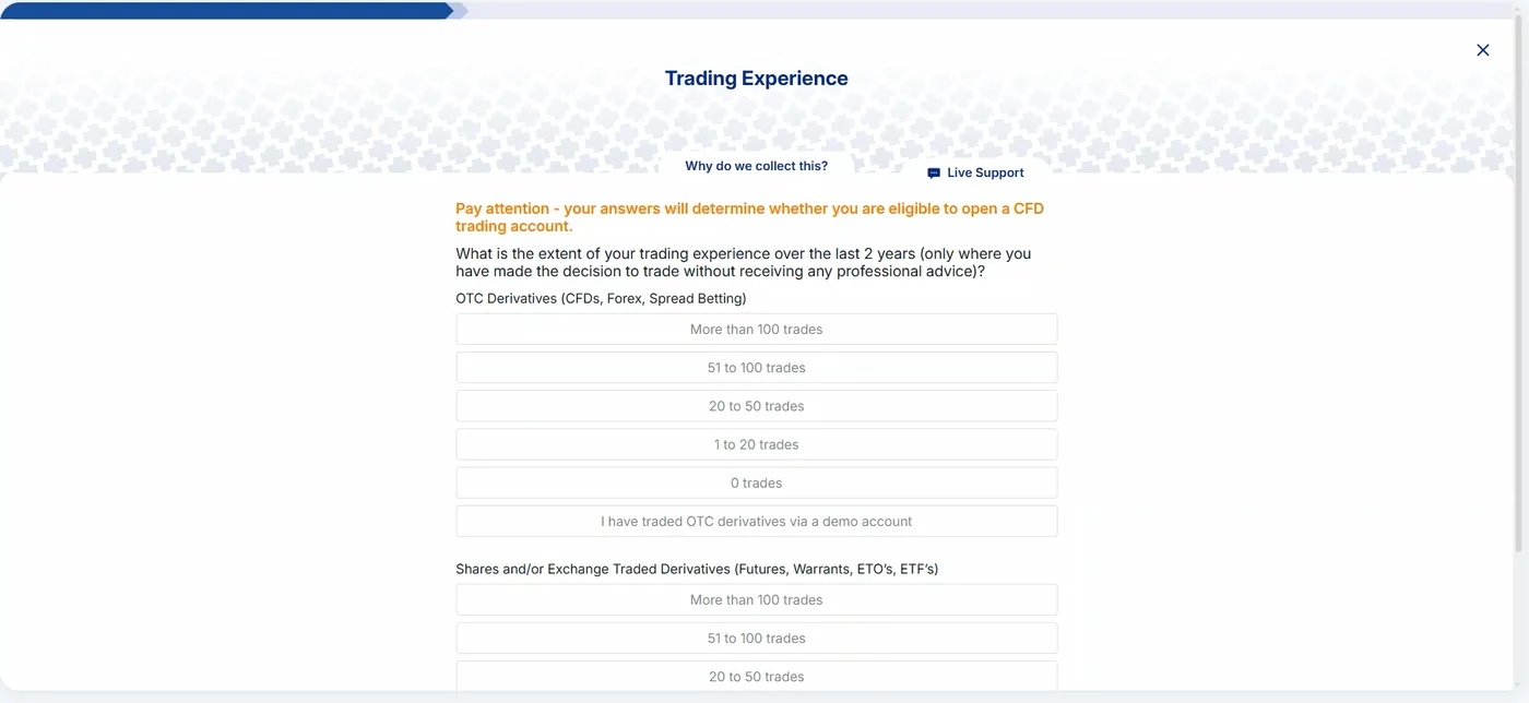 Trading Experience question with an orange eligibility warning and two answer groups covering derivatives and shares, each with trade bands from more than 100 down to zero.
