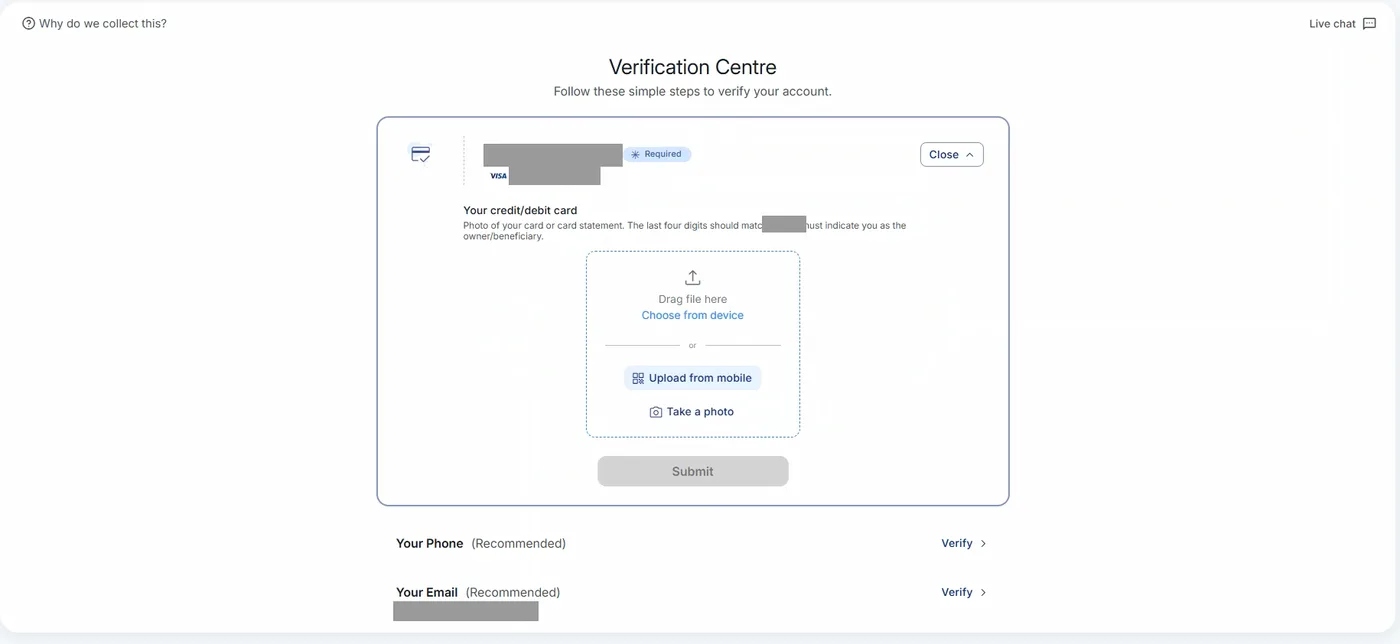 Verification Centre showing a required card photo upload panel with greyed card details, plus recommended phone and email verification links.