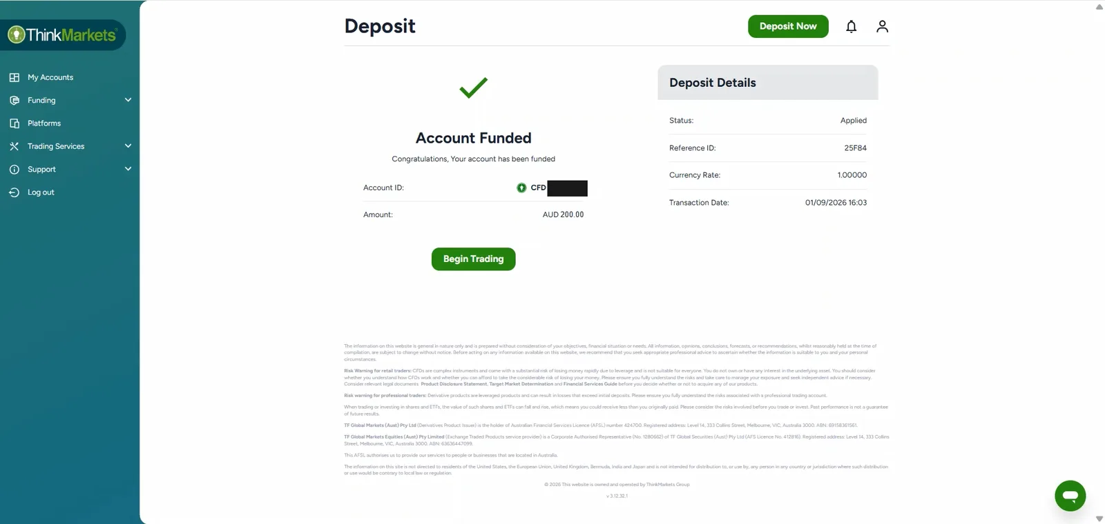 ThinkMarkets Account Funded receipt showing a deposit of AUD 200.00, status Applied, transaction date 1 September 2026, account ID masked
