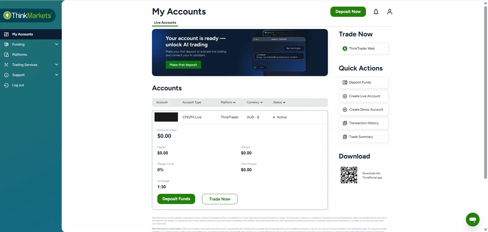 ThinkPortal accounts screen showing a live CFD and FX account with status Active, leverage 30:1 and account value A$0.00, account number masked