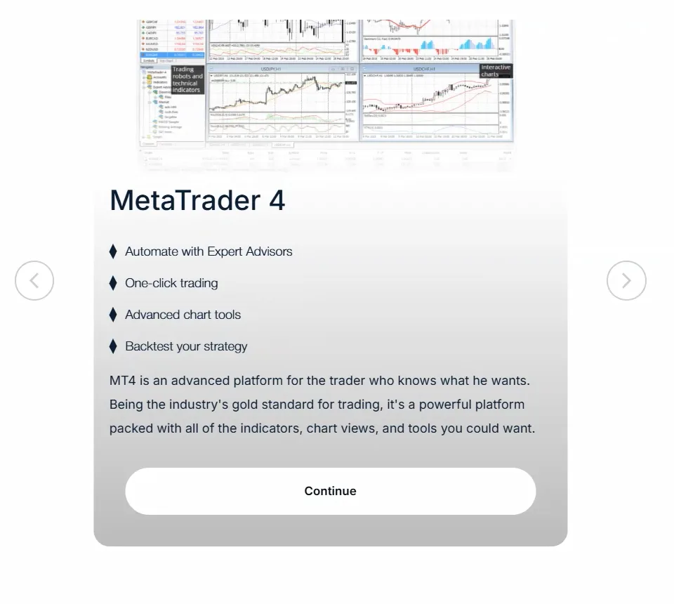 Light MetaTrader 4 account card with an MT4 chart image, four bullet points and a Continue button.