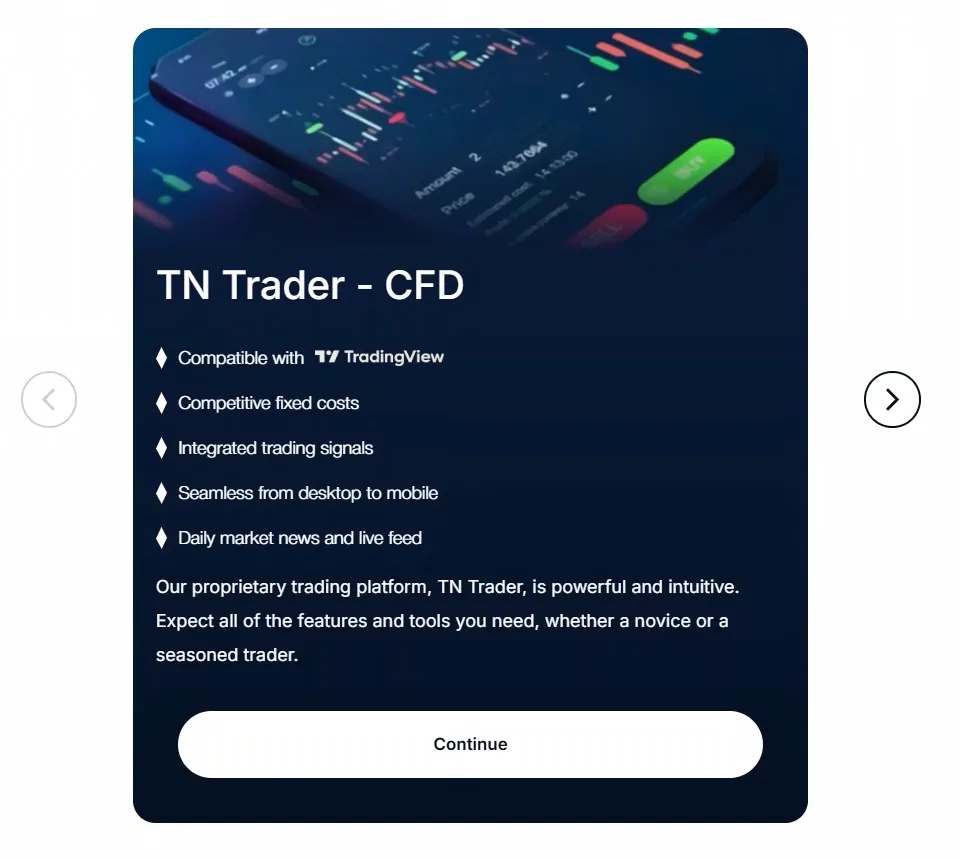 Dark TN Trader CFD account card with bullet points and a phone-and-chart image, flanked by carousel arrows and two further account cards.