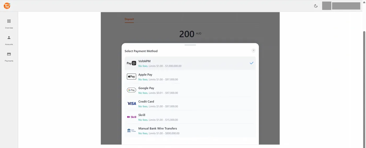 Deposit screen with 200 AUD entered and a payment method modal listing six fee-free options including PayID, Apple Pay, Google Pay, card, Skrill and wire.