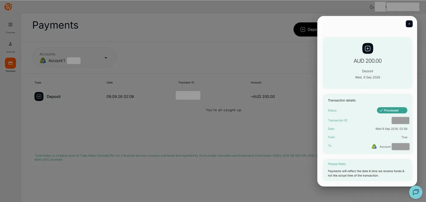 Payments page with one deposit row for AUD 200.00, status Processed in green, dated 9 September 2026 with covered payment and account IDs.