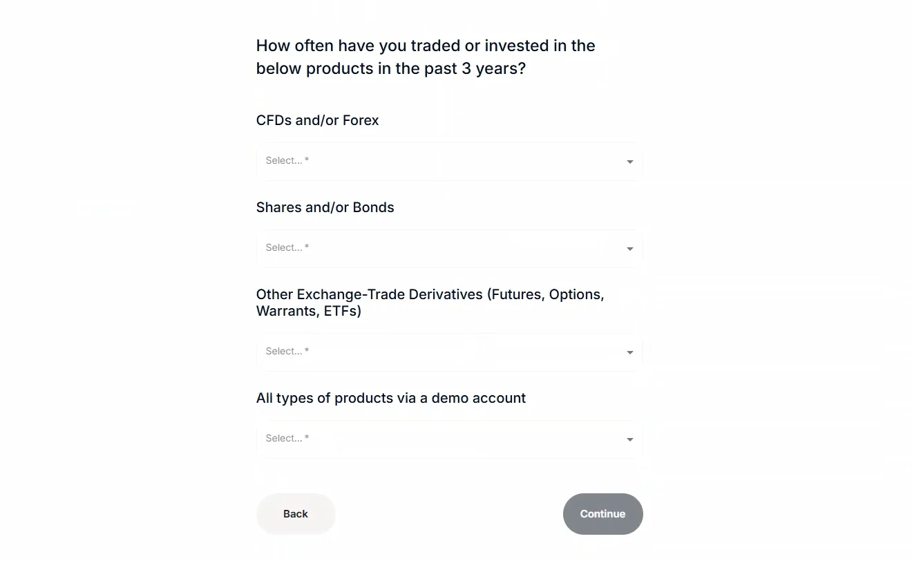 Financial profile question about trading frequency over three years, with four unselected dropdowns covering CFDs, shares, derivatives and demo accounts.