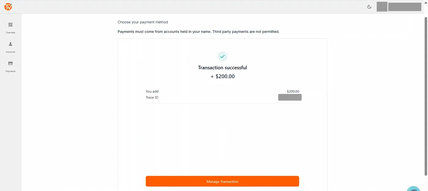 Payment confirmation screen showing a tick, transaction successful plus $200.00, a covered trace ID and a manage transaction button.