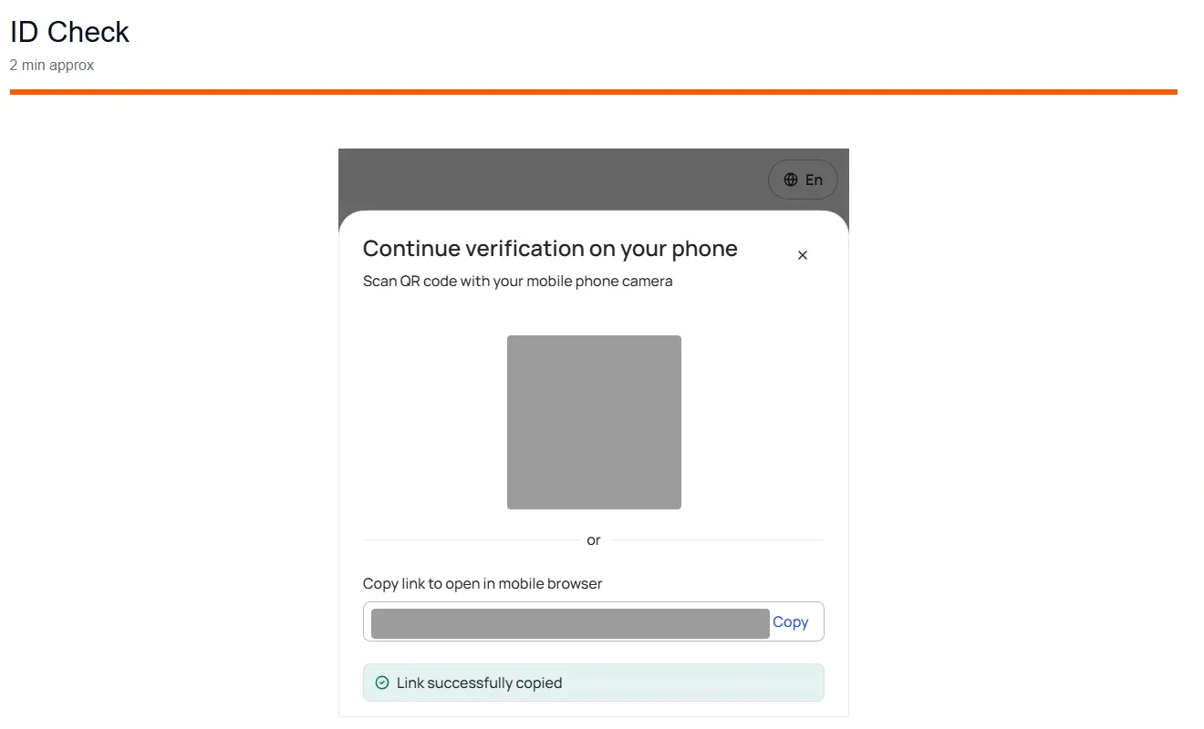 Sumsub identity check panel with a covered QR code, a copy link button and a green link successfully copied notice.