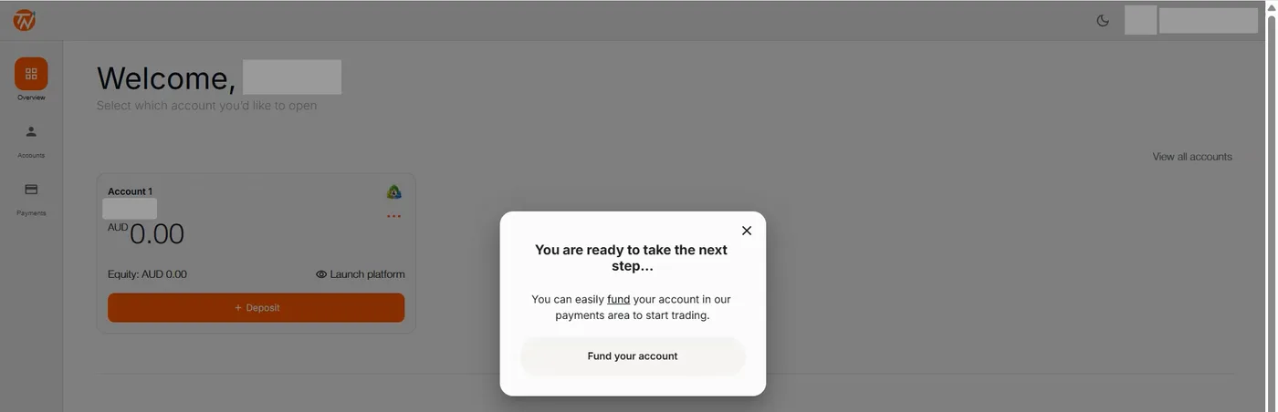 Portal overview showing Account 1 with MT4 badge, AUD 0.00 balance, a Deposit button and a fund your account modal.