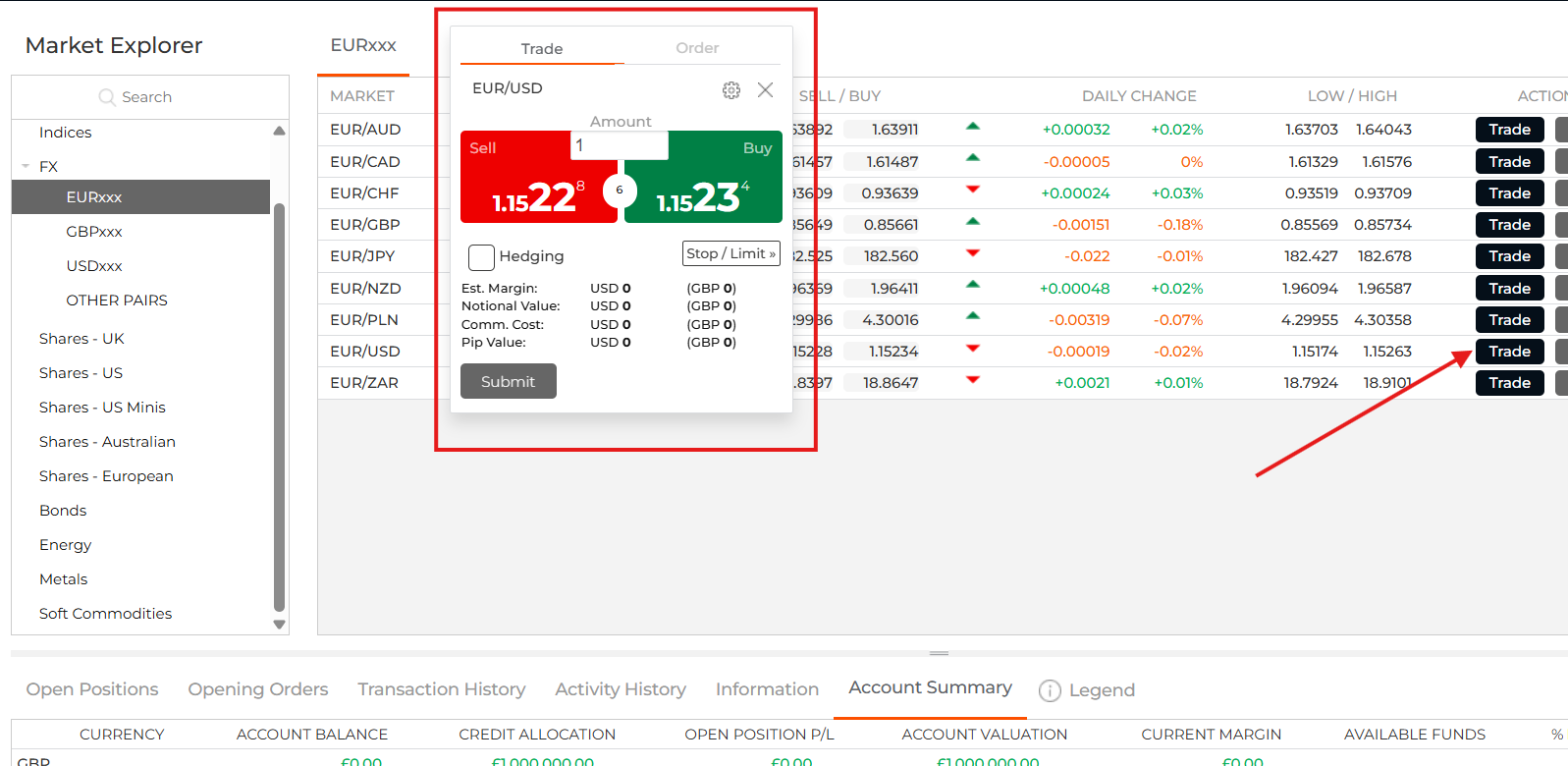 Trade Nation market explorer with the EUR/USD trade ticket showing buy and sell prices, amount, hedging option and estimated margin and commission