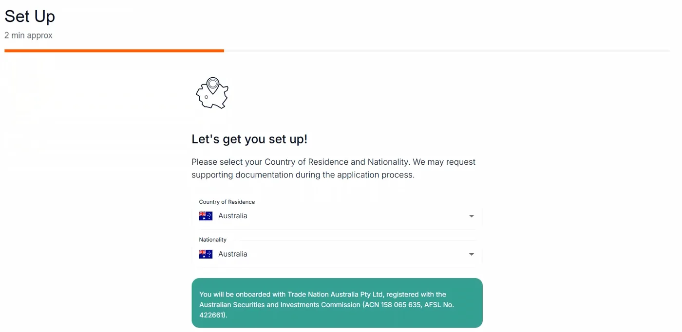 Set up screen showing Australia selected for country and nationality, with a green panel naming the ASIC-registered entity and AFSL 422661.