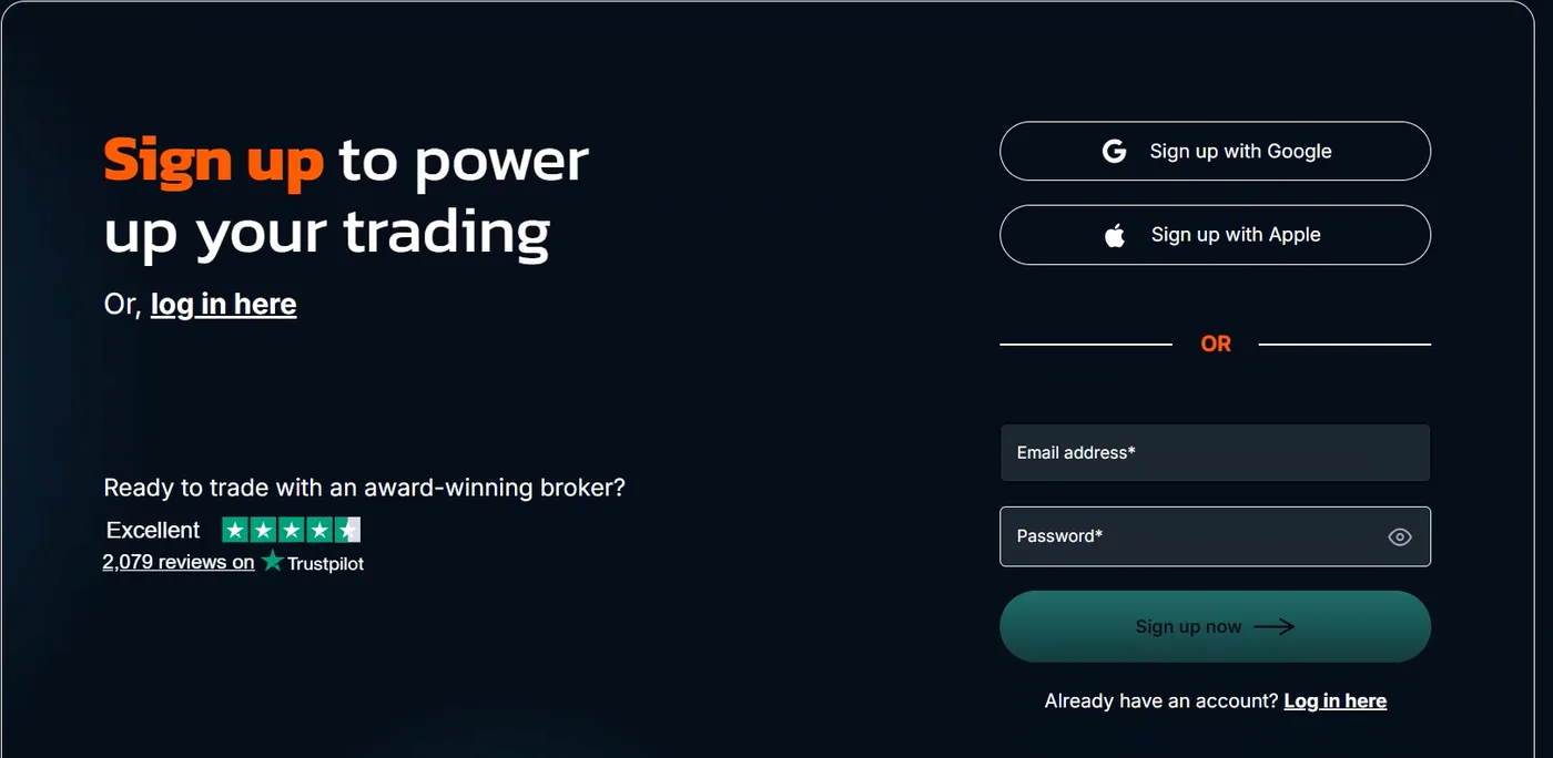 Trade Nation sign-up page with Google and Apple buttons, email and password fields, a sign up now button.