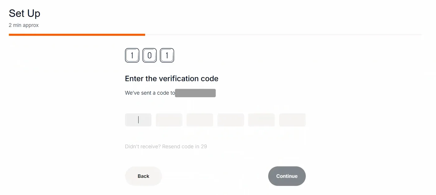 Verification screen with six empty code boxes, a resend countdown, and a covered phone number awaiting an SMS code.
