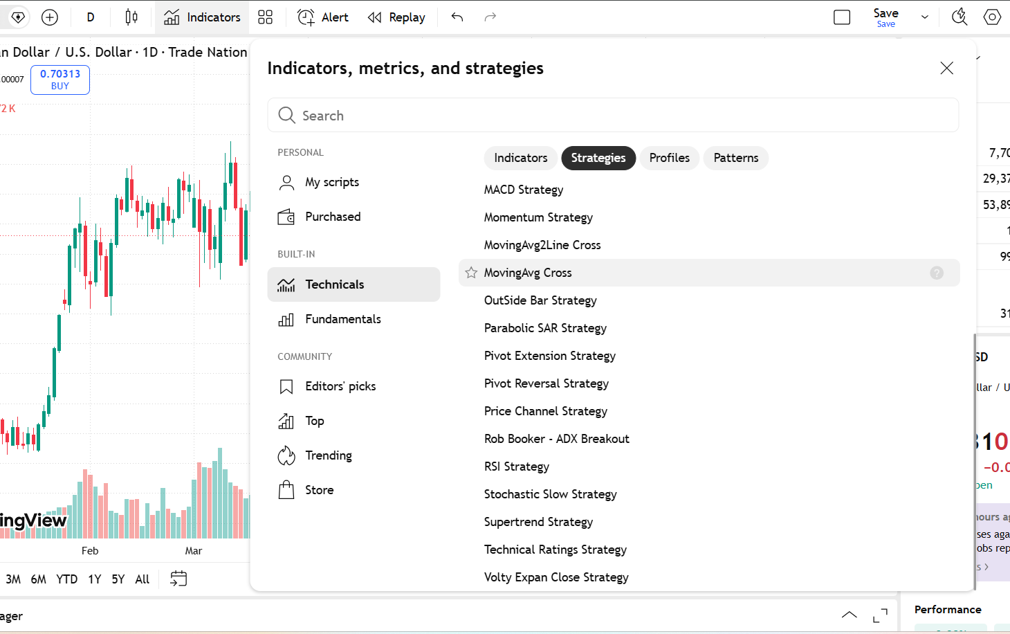 TradingView indicators panel on Trade Nation with the strategies tab open showing built in strategies over an AUD/USD chart