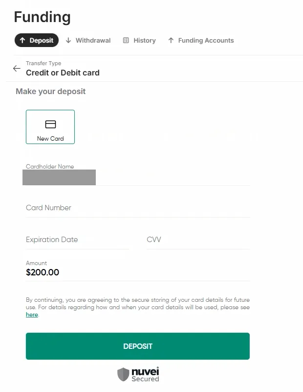 Deposit form with a new card tile, covered cardholder name, empty card fields, a $200.00 amount and a deposit button.