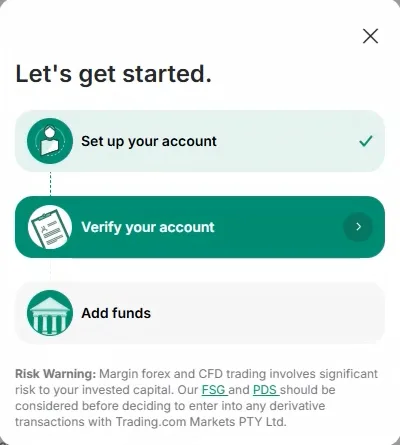 Getting started modal with setup ticked, verify your account highlighted and add funds pending, over a zero balance header.