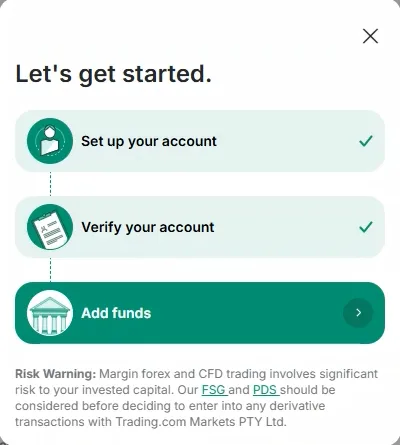 Getting started modal with setup and verification ticked and add funds highlighted, over a zero balance header.