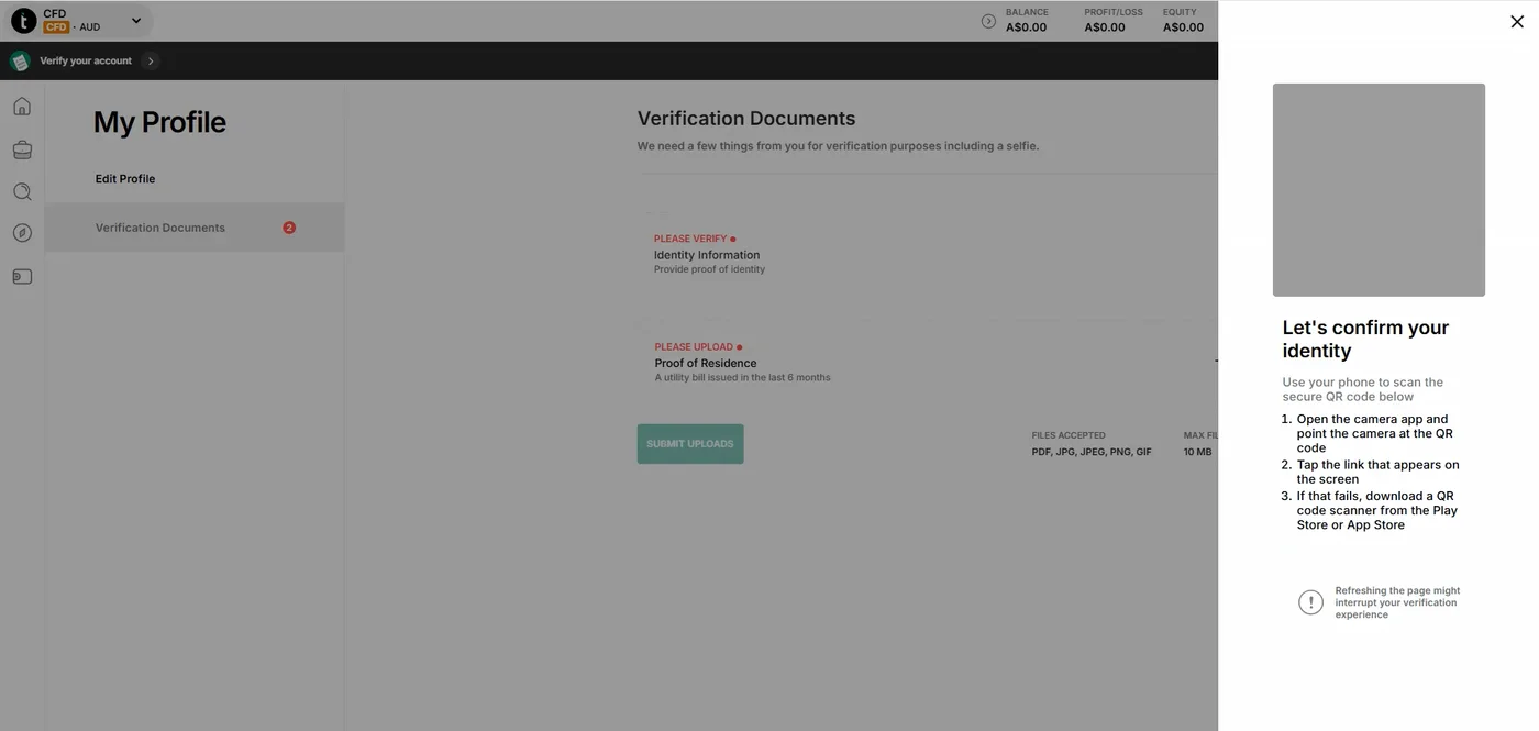 Dimmed verification page with a side panel showing a covered QR code and three numbered steps for scanning it.