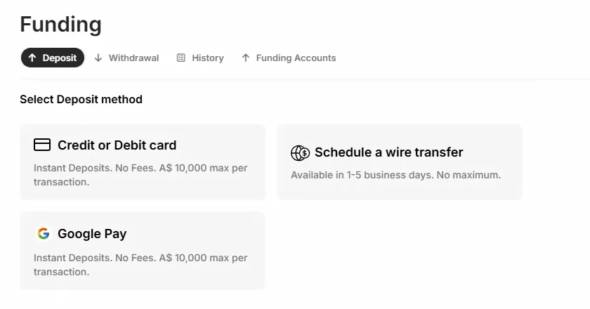 Deposit method menu with credit or debit card, wire transfer and Google Pay tiles under deposit and withdrawal tabs.