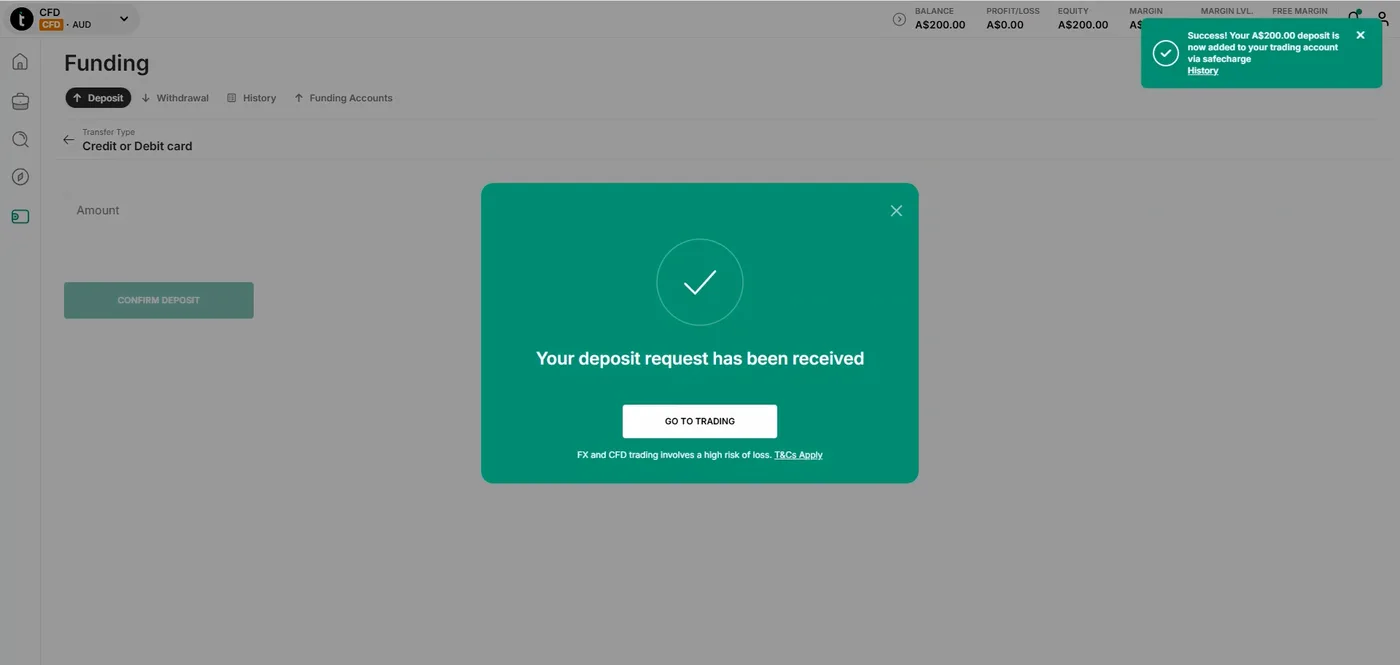 Funding page with an A$200 balance, a success toast about the deposit and a confirmation modal with a tick.