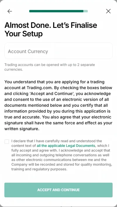 Setup finalisation modal with an account currency field, a consent paragraph, a declaration checkbox and an accept and continue button.