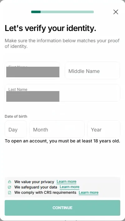 Verification modal with name fields covered, an empty middle name field, date of birth fields and a continue button.