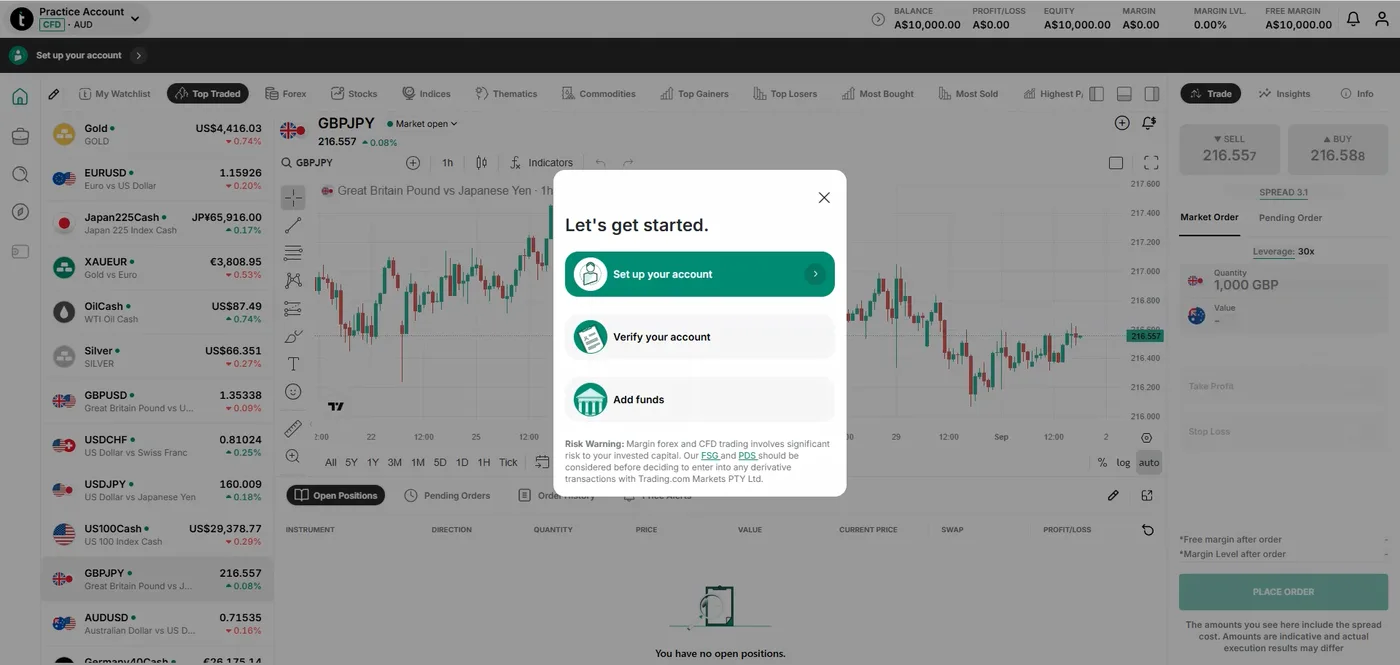 Trading.com practice account with A$10,000 balance, a GBPJPY chart, a market list and a getting started modal.
