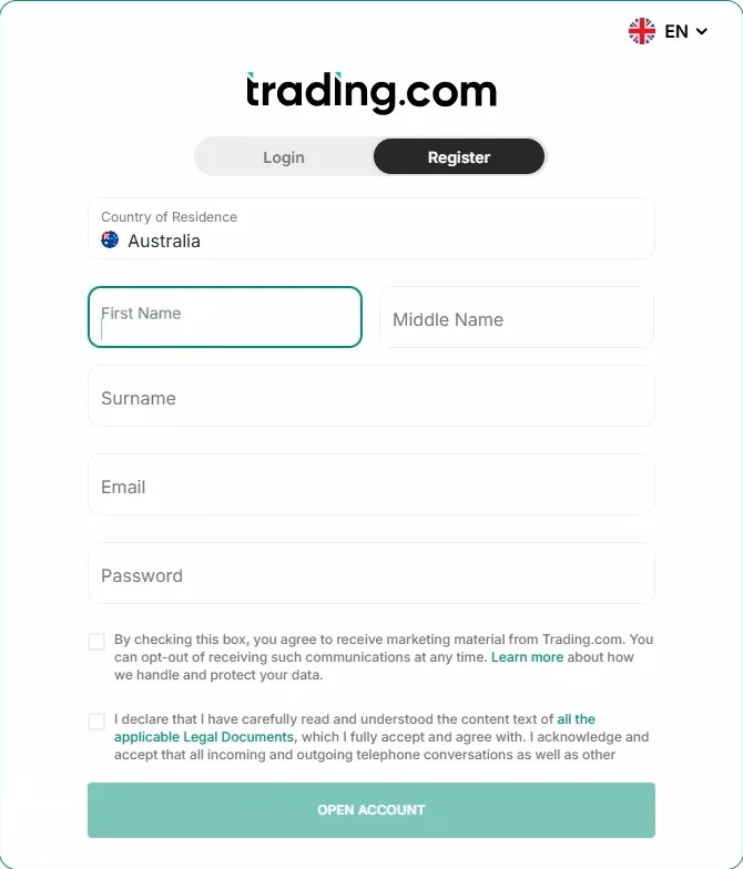 Trading.com registration form with Australia preselected, name, email and password fields, a marketing consent box and an open account button.