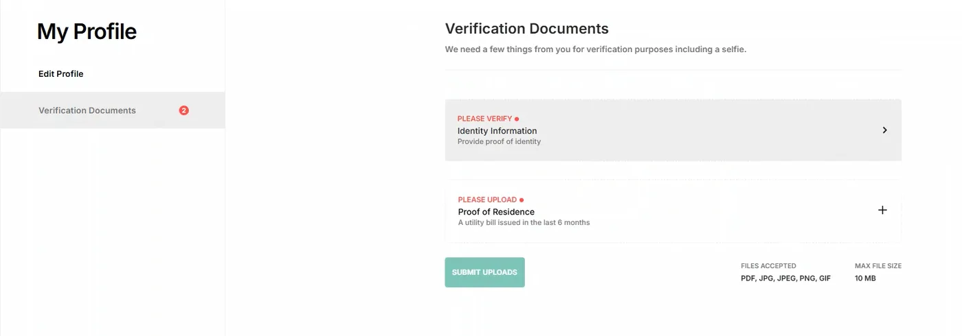 Verification documents page listing identity information and proof of residence uploads, with file type and size limits shown.