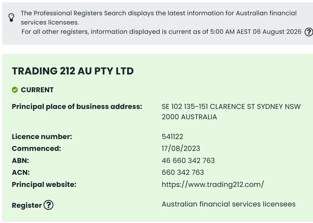 ASIC register record showing TRADING 212 AU PTY LTD holding AFSL 541122 with status CURRENT, commenced 17 August 2023, ABN 46 660 342 763