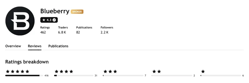 TradingView profile for Blueberry Markets showing 4.3 out of 5 from 462 ratings, captured September 2026