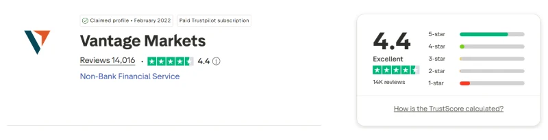 Trustpilot profile for Vantage Markets showing 4.4 out of 5 from 14,016 reviews, captured August 2026